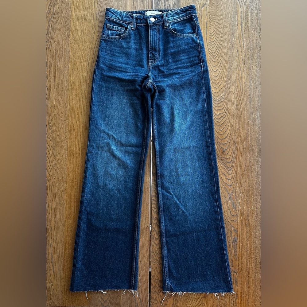 Mango Wide Leg Raw Edge Distressed Hem Blue Denim Jeans Casual Summer Classic - Picture 4 of 13